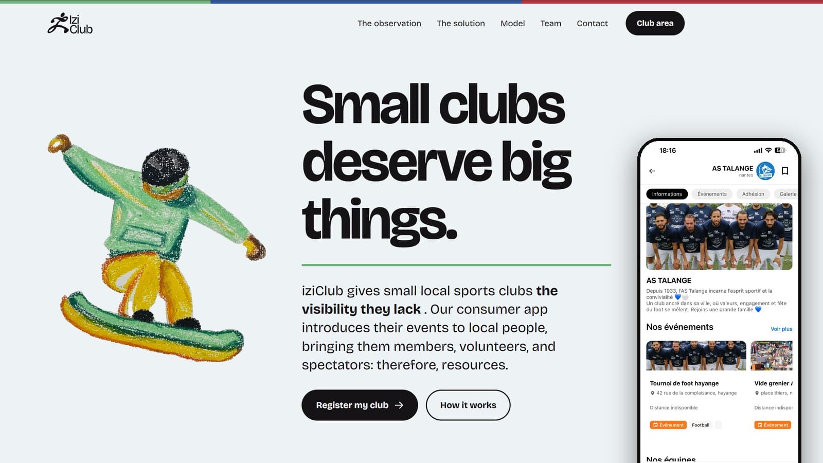 The iziClub website, with a club page from the app in front of it