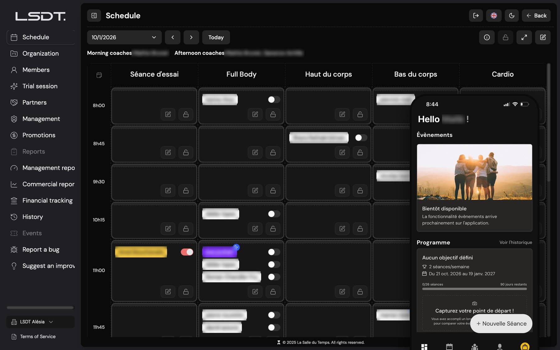 The La Salle du Temps planning dashboard, with the member app in front of it